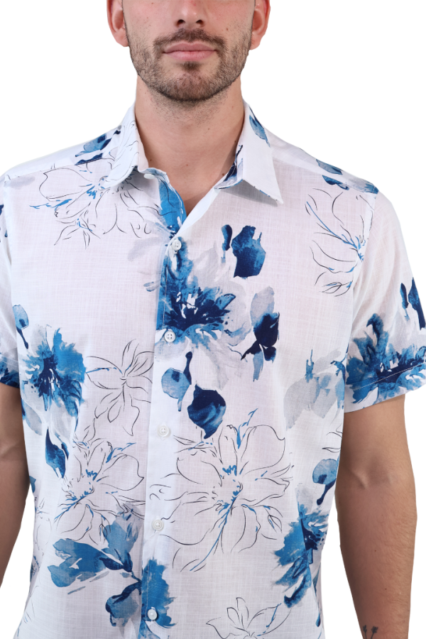 Camisa Estampado Floral Azul Manga Corta De Algodón Para Hombre